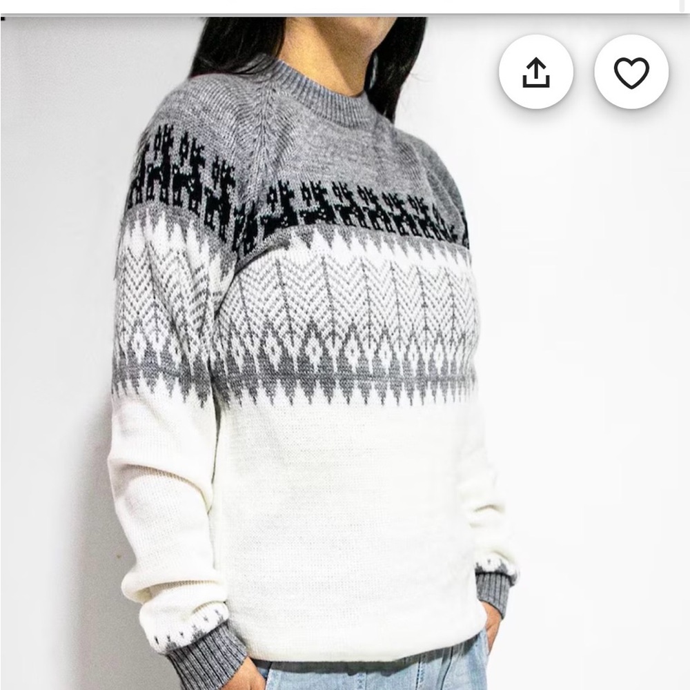 Men's Crewneck Fair Isle Sweater in White and Light Gray - Picture 2 of 7